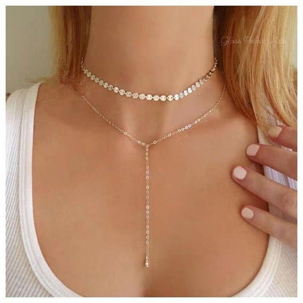 Double Gold Choker and Dangle Necklace